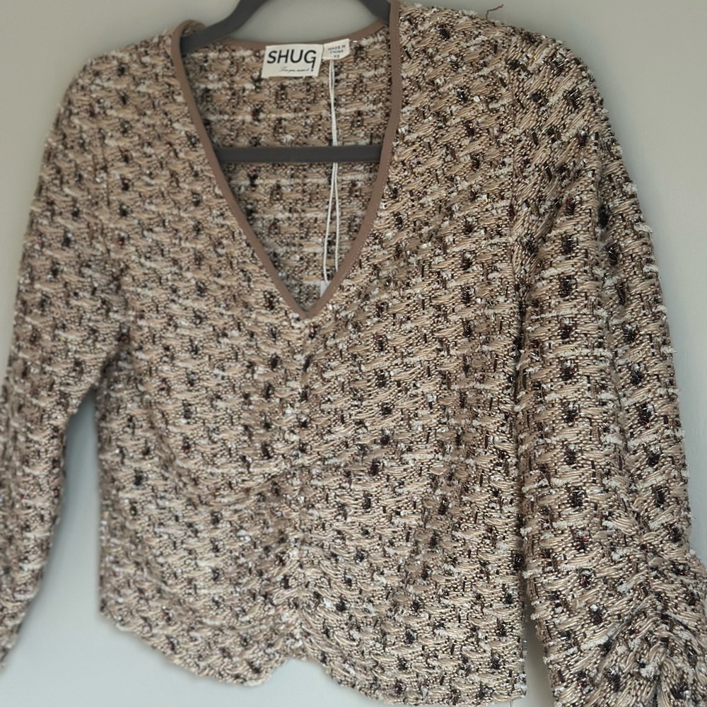 NWT SHUG Women’s Multi Tweed 3/4 Sleeve Top Beige Brown Holiday Size XS - Picture 4 of 11